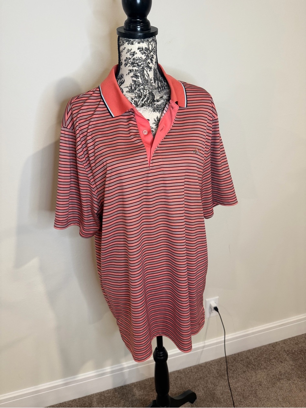 Greg Norman Polo Shirt Mens LargePink Striped Play Dry Side Vent Tasso Elba Golf